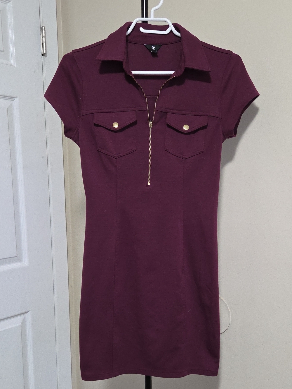Guess Short-Sleeve Polo Zip Shirtdress in Plum
